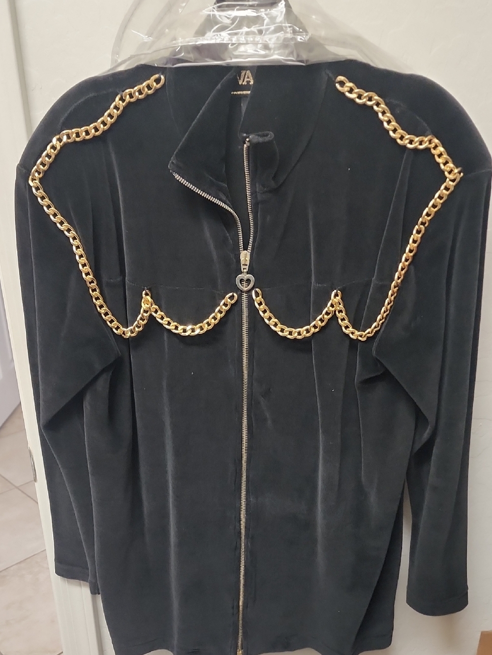 Women’s Black Velvet Zip-Front Jacket with Gold Chain Detail